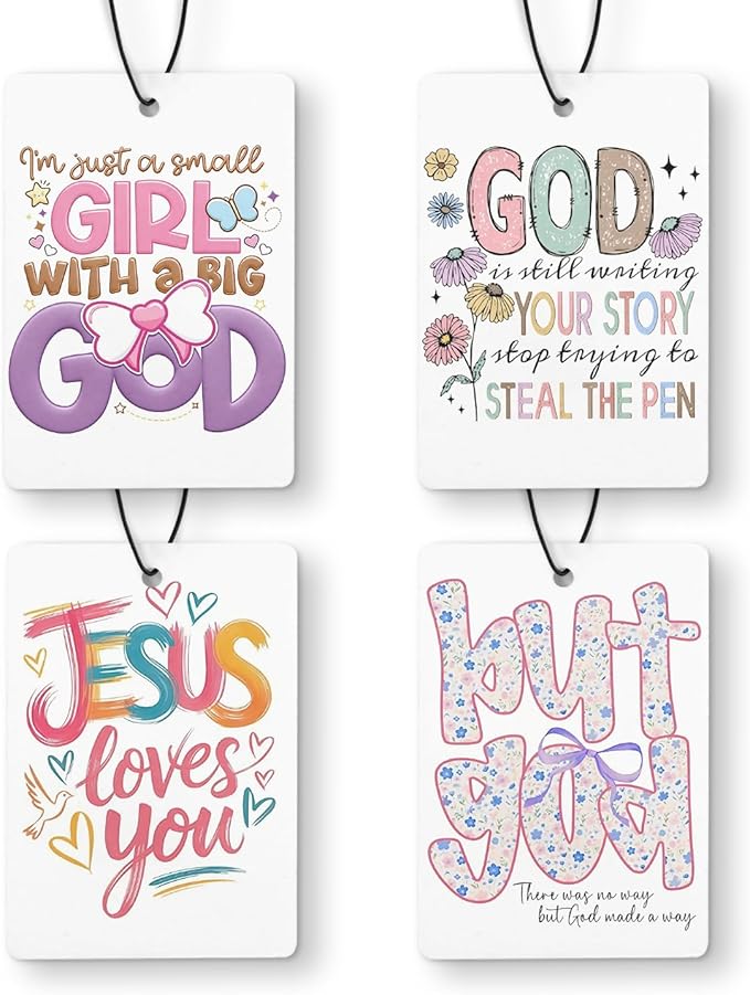 Pastel Christian Car Air Freshener 4 Pcs, Inspirational Religious Faith Based Bible Verse Hanging Air Freshener for Cars Closet Drawer Books, Christian Car Accessories for Women Girls