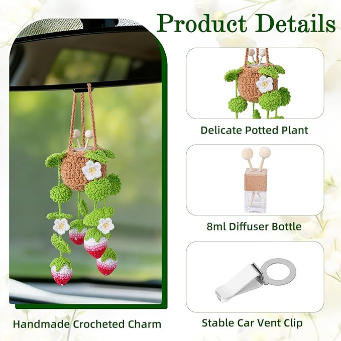 Crochet Car Air Freshener, 10ml Empty Refillable Oil Diffuser Bottle with Hanging Crochet Flower Strawberry Plant & Hanging Tools, Car Rearview Mirror Diffuser for Wall Art & Home & Office Decoration
