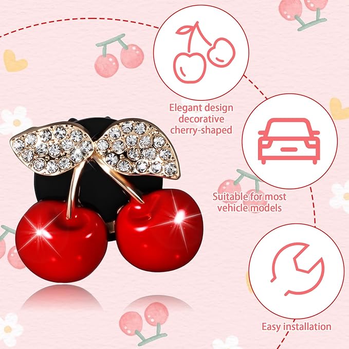 2 Pcs Cherry Car Air Vent Freshener Perfume Clip Cherry Shaped Crystal Air-Freshener Vent Clips Rhinestone Car Air-Outlet Fragrance Perfume Clips-Fresheners for Women Girls