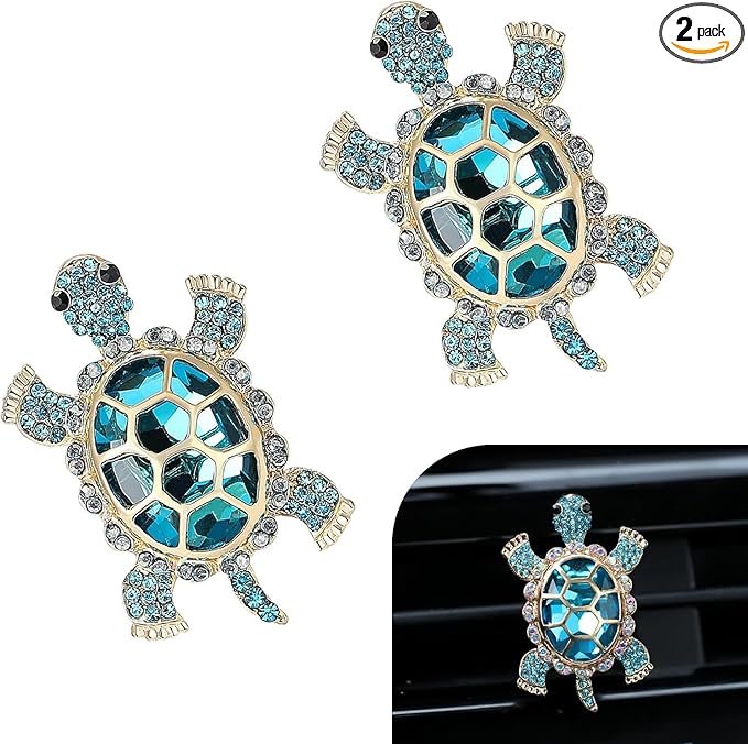 Turtle Car Accessories, Cute Turtle Air Fresheners Diffuser Vent Clip, Crystal Rhinestone Auto Air Conditioning Outlet Clip, Sea Turtles Car Decorative for Women (Blue, 2PCS)