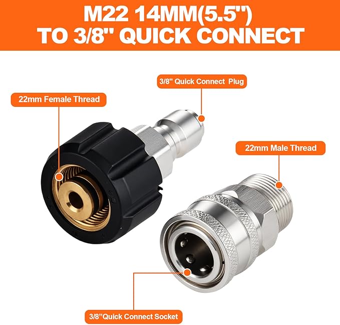 2 PCS Pressure Washer Quick Connect Adapter Set, M22 14mm(5.5in) Swivel to 3/8in Quick Connect Socket & Plug, Max Pressure 5000PSI
