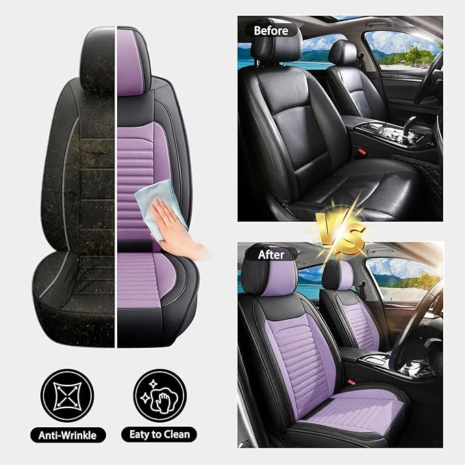 Car Seat Covers Full Set Fit for Toyota Yaris 2007-2020, Premium Faux Leather Car Seat Protector,Breathable Anti-Slip Full Wrapping Edge Seat Covers(Black&Purple,Full Set)
