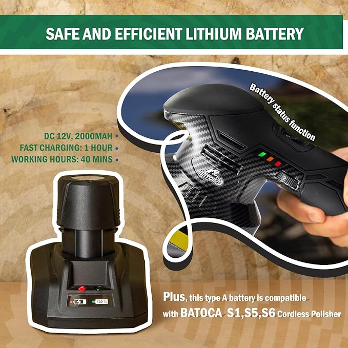 BATOCA 2026S3 Cordless Car Buffer Polisher, 2pcs 2.0Ah 12V Lithium-ion Rechargeable Battery Powered Polisher with 6 Variable Speed, DA Orbital Buffer for Car Detailing, Polishing, Waxing, Carbon Style