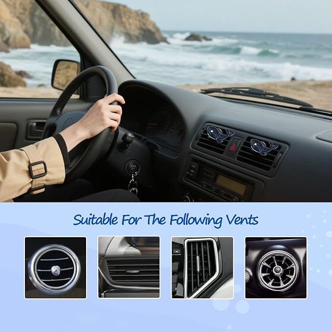 Beach Car Decor,Bling Whale Car Air Freshener Vent Clips,Glamour Dark Blue Cetacean Ocean Themed Vehicle Dashboard Accessories,Refillable Diffuser