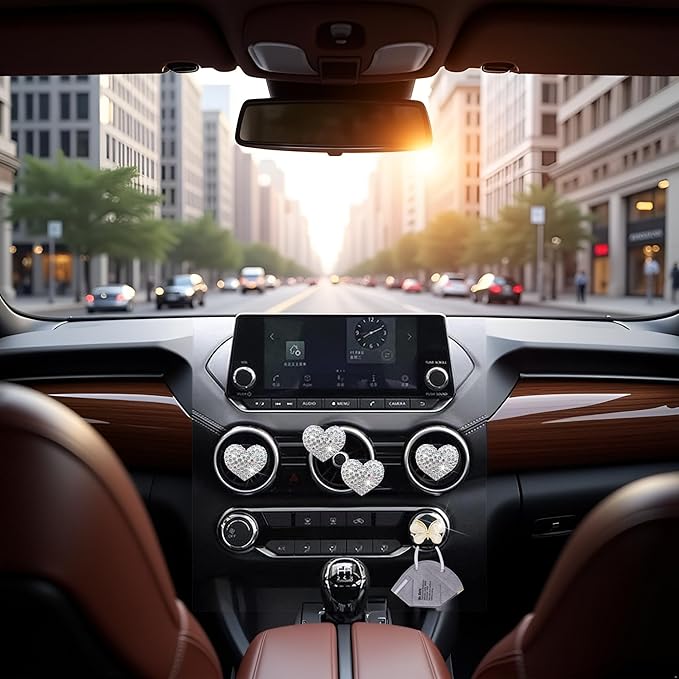 4 Pcs Silver Bling Heart Air Vent Clips, Heart Car Air Fresheners Vents Clips Car Diffuser Diamond Car Interior Decor Charm Cute Cars Accessories Cars Decoration for Women + Cute Butterfly Mask Hook