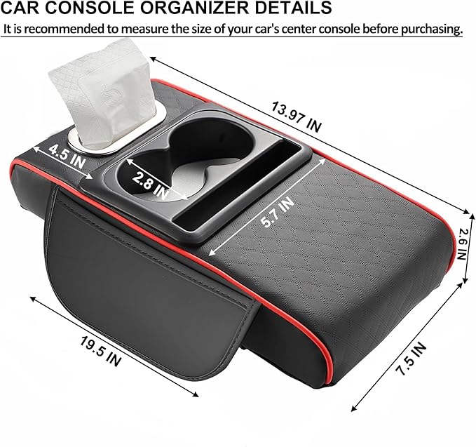 Center Console Cover,Car Armrest Cushion Multifunctional with 2 Storage Bags Cup Holder,Phone Slot,Tissue Box Slot for Most Cars Accessories Interior Organizers-Gray 13.8x7.9 in