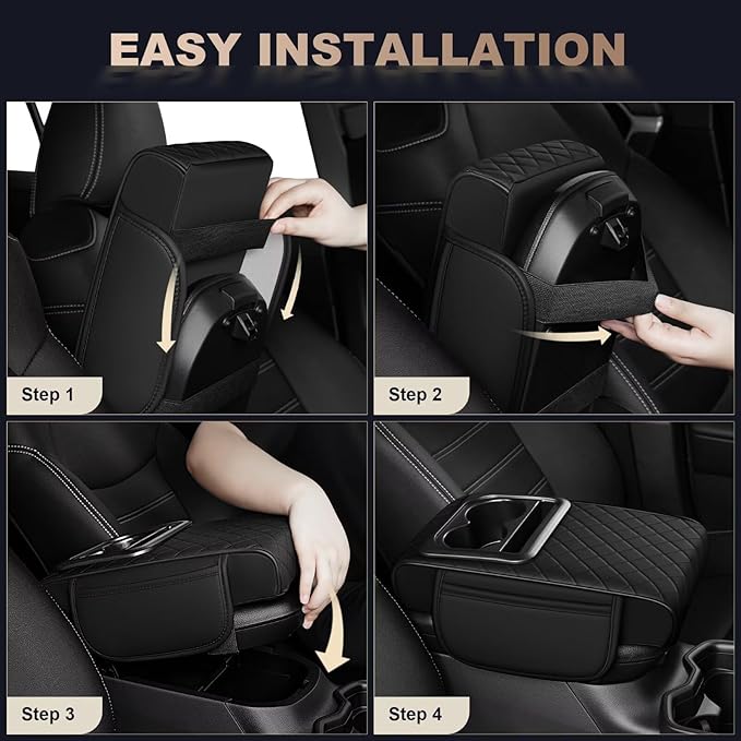 Center Console Cover Fit for RAV4 Faux Leather Car Armrest Cushion with Storage Bags, Cup Holder ＆ Phone Storage Multifunctional Middle Console Cover(Black)