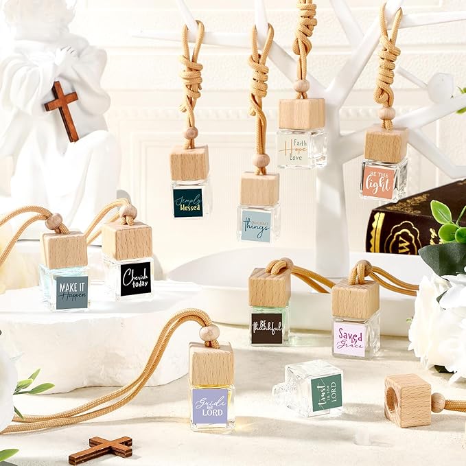 10 Pcs Christian Appreciation Gifts for Church Christian Car Hanging Ornament Empty Glass Essential Oil Diffuser Religious Inspirational Biblical Gifts for Women School Church Supplies