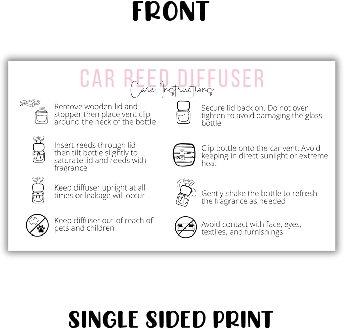 Reed Vent Car Oil Diffuser Care Instruction Card | 50 pk 2x3.5” Freshie Wood Top Car Freshie Insert Package for Selling to DIY Customers