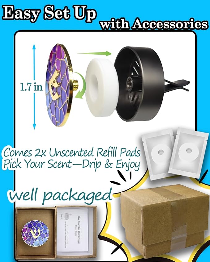 Hebrew Shin Car Vent Clip Air Freshener - Essential Oil Diffuser Refillable with 1 DIY Unscented Pads for Car Jewish Hanukkah Gifts Blue 1.57”