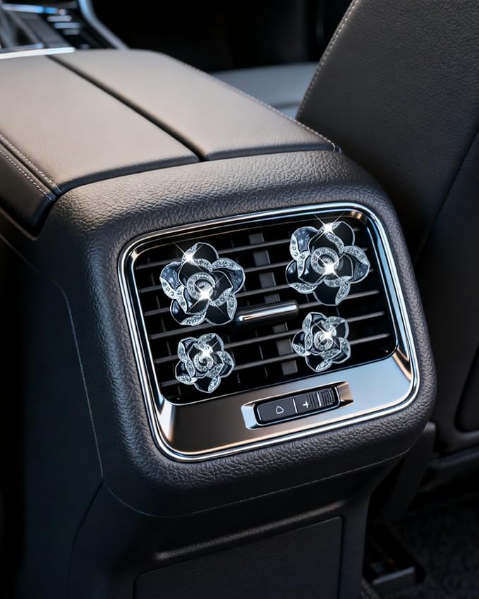 Bling Flower Air Freshener Vent Clips Car Accessories, 4Pcs Rhinestone Flower Sparkly Air Vent Clips for Fresheners Car Decoration, Airs Freshener Vents Clip for Women Gifts