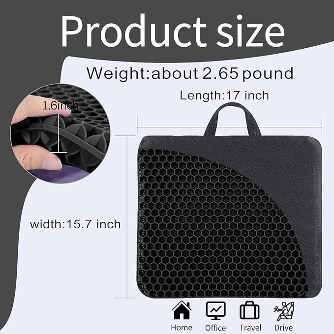 Gel Seat Cushion, for Long Sitting -Double Thick Gel Seat Cushion Breathable Honeycomb Chair Cushion with Non-Slip Cover for Office Chair Car, Wheelchair, Long Trips,Relief Sciatica Pain