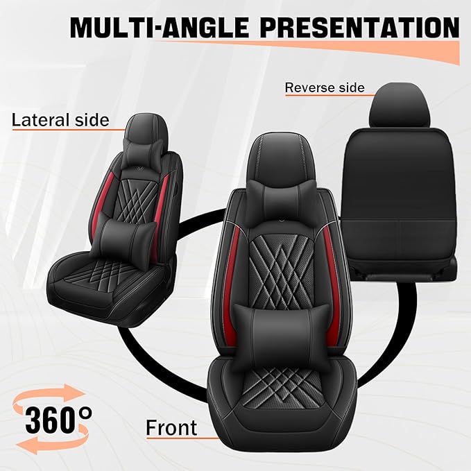 Car Seat Covers Compatible with Toyota Camry 2012-2026 Durable Waterproof Automotive Seat Covers Stretchable Fabric Material,Airbag Compatibility,Premium Nappa Leather(Black Red,Full Set with Pillow)