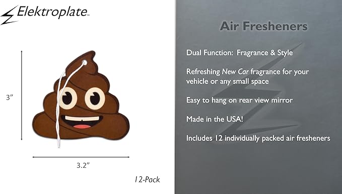 Elektroplate Poop Smiley Face Automotive Air Fresheners for Vehicles | New Car Scent (12-Pack) | Made in the USA