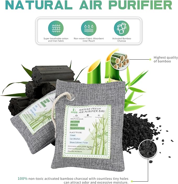 6 Pack Activated Charcoal Odor Absorber. Nature Fresh Bamboo Charcoal Air Purifying Bag Home Closet Air Freshener Deodorizer and Moisture Eliminator, Purifier for Closet, Shoe, Car Air freshener