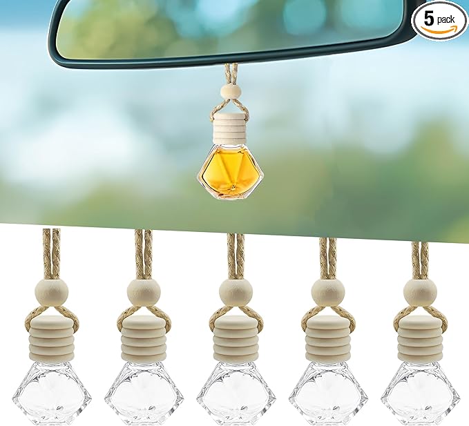 5PCS Hanging Car Air Freshener, Car Air Freshener Diffuser, 8ml Empty Glass Auto Oil Perfume Aromatherapy Diffuser Charms, Refillable Perfume Bottles for Most Vehicles (Rhombus, Style 1)