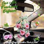 Crochet Car Air Freshener, 15ml Empty Refillable Oil Diffuser Bottle With Crochet Cherry Blossom Hanging Plant for Car Accessories, Crochet Plant for Rear View Mirror Decor, Home and Office Decor