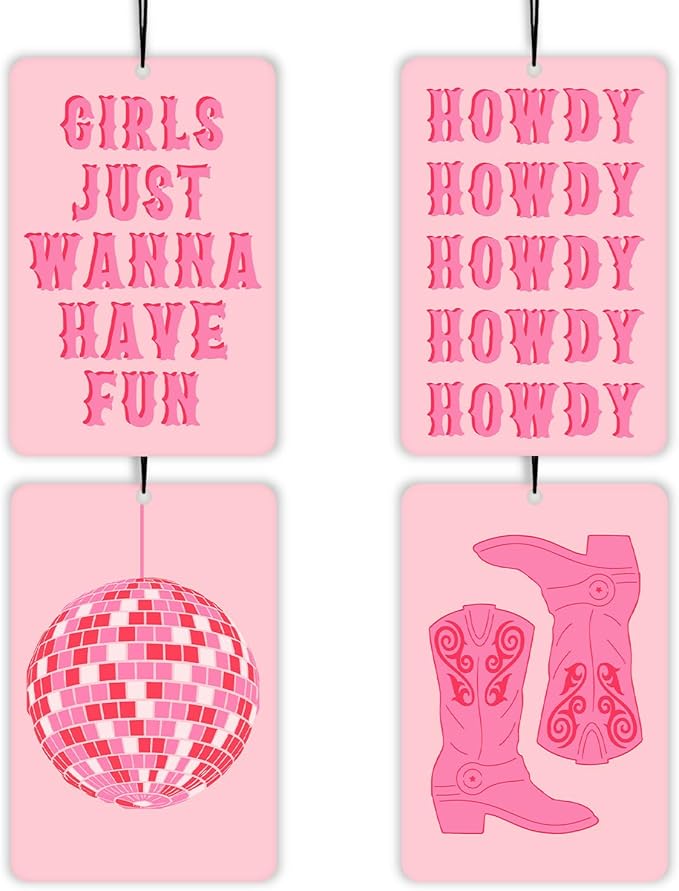 Hot Pink Western Cowgirl Lavender Car Air Freshener 4 Pcs, Preppy Cowgirl Boots Disco Ball Air Freshener Hanging Decor for Cars Closet Drawer Books, Cute Accessories Gifts for Women Girls