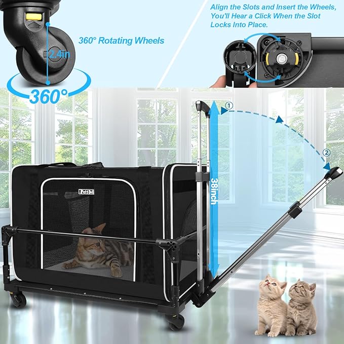 Petskd Extra Large Cat Carrier with Wheels and Litter Box 24"x17"x17" for Large Cat or 2 Small Cats, Soft-Sided Cat Carrier with Lockable Safety Zippers(Black)