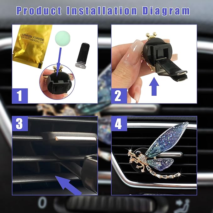 Augeny 2PCS Bling Dragonfly Air Vent Clips, Cute Crystal Car Air Fresheners Vent Clips, Rhinestone Diamond Auto Diffuser Vent Clip for Women Girls, Car Interior Decor Accessories (Blue)