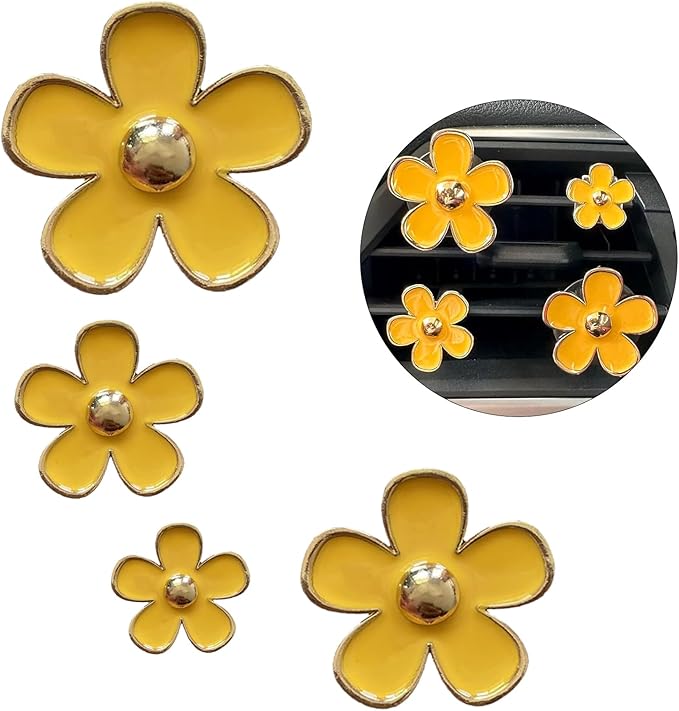 4PCS Daisy Flower Air Vent Clip Air Conditioning Outlet Clip Car Air Freshener Clip Car Interior Decor Charm Colorful Car Interior Accessories for Girls Women (Yellow)