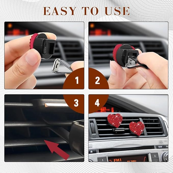 2PCS Heart-Shaped Car Vent Clip with Rhinestone, Car Vent Accessory, Bling Heart Charm Air Conditioning Outlet Clip, Auto Diffuser Air Freshener Charm for Women Girls (Red, Heart)