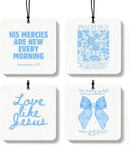 Blue Christian Car Air Freshener 4 Pcs, Girly Blue Bow Floral Religious Hanging Air Freshener for Cars Closet Drawer Books, Cute Preppy Christian Car Accessories Mirror Decor for Women