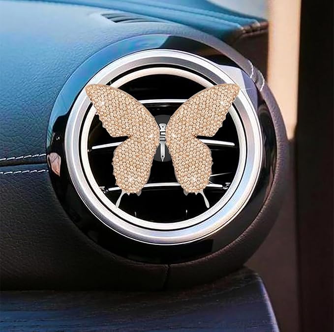 Dotesy 2 Pack Bling Bling Butterfly Air Vent Clips Crystal Butterfly Car Air Fresheners Vent Clips Diamond Cute Car Interior Decor for Women (Champane)
