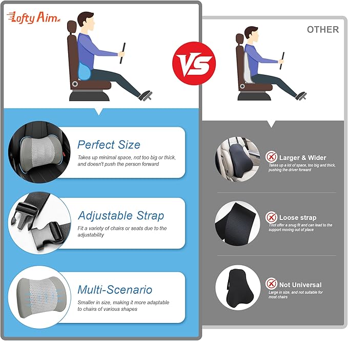 Memory Foam Lumbar Support Cushion Relieves Lower Back Pain for Car, Office Chair, and Wheelchair Use, 4D Mesh Cover, Gray