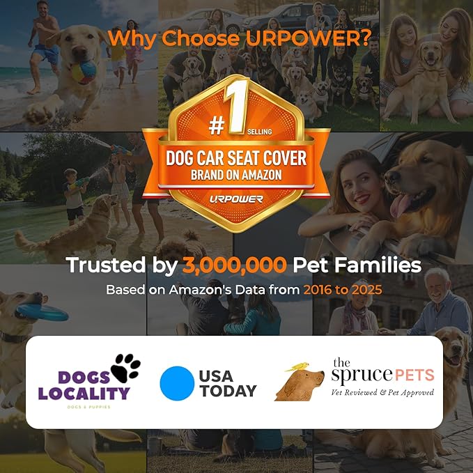 URPOWER Dog Car Seat Cover for Back Seat - Waterproof Non-Slip Car Seat Protector for Dogs Pet, Scratchproof Back Bench Seat Covers for Full-Size SUVs & Pickup Trucks, Black