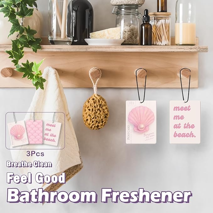 Pink Coastal Seashell Car Air Freshener Accessories 3pcs, Preppy Meet Me at The Beach Hanging Air Fresheners Decor for Girly Beachy Room Closet, Trendy Scent Lavender Fragrance Card for Women