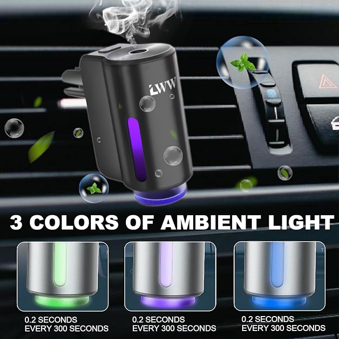 Car Air Freshener - Smart Adjustable 3-Speed Intensity, Rechargeable Humidifier Car Essential Oil Diffuser - Comes with 8 Bottles of 10ml Perfume (Black)