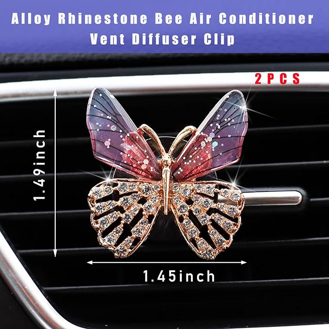 Augeny 2PCS Bling Butterfly Air Vent Clips, Cute Crystal Car Air Fresheners Vent Clips, Rhinestone Diamond Auto Diffuser Vent Clip for Women Girls, Car Interior Decor Accessories (Rose Red)