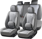 Coverado Car Seat Covers Full Set, Gray Seat Covers for Cars, Waterproof Nappa Leather Automotive Seat Covers with Lumbar Head Pillow, Car Seat Protectors, Universal Fit for Most Cars SUV