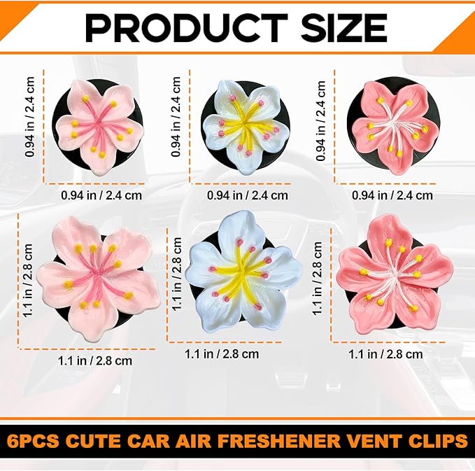 6PCS Flower Vent Clips, Car Air Fresheners Vent Clips, Cherry Blossom Dashboard Decoration, Car Accessories Aesthetic Interior Decor for Women Peach Blossom (No Aromatherapy Tablets)