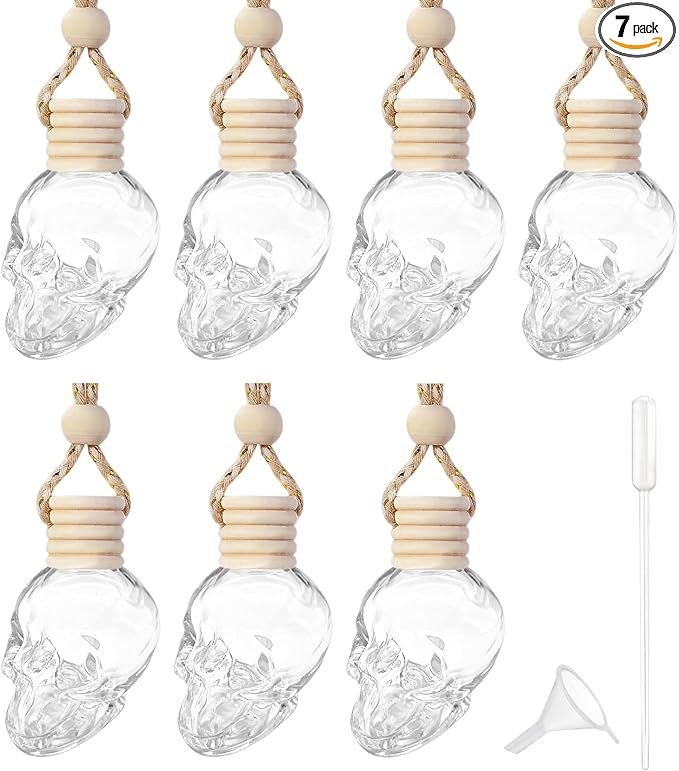 7PCS Car Hanging Diffuser, Car Air Freshener Diffuser Bottle, 8ML Empty Clear Glass Skull Style Empty Bottle, Universal Car Perfume Aromatherapy Essential Oil Pendant Bottle for Women Men