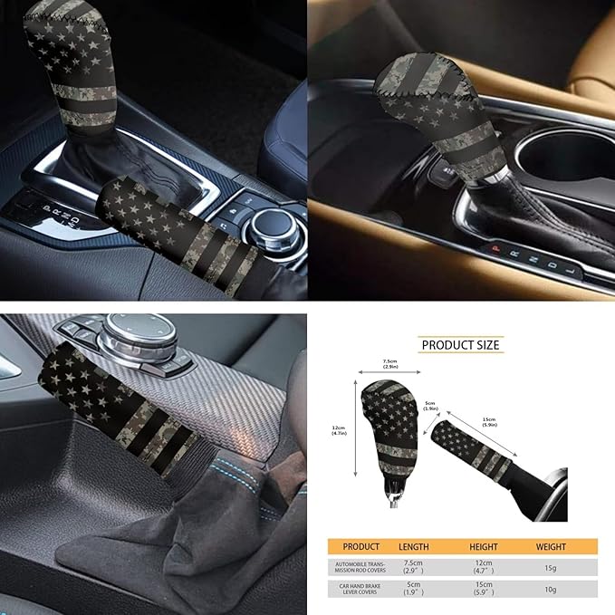 FKELYI Camo Car Seat Covers Full Set American Flag Car Gear Shifter Knob and Handbrake Cover, Breathable Steering Wheel Protector, Headrest Covers,Cup Coasters
