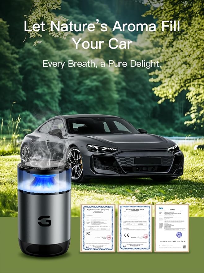 Smart Car Air Freshener Diffuser, Waterless Essential Oil Diffuser with 4 Modes, 4 Scent Refills, Auto On/Off, USB - C Rechargeable Wireless, Ambient Light for Home/Car (5502-Gunmetal Grey)