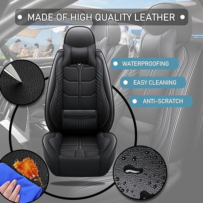 Leather Car Seat Covers Fit for Toyota Echo 2000-2005, 5 Seater Car Seat Cover, Premium Waterproof, Scratch Resistant Car Interior Accessories (Full Set with Pillow Black)