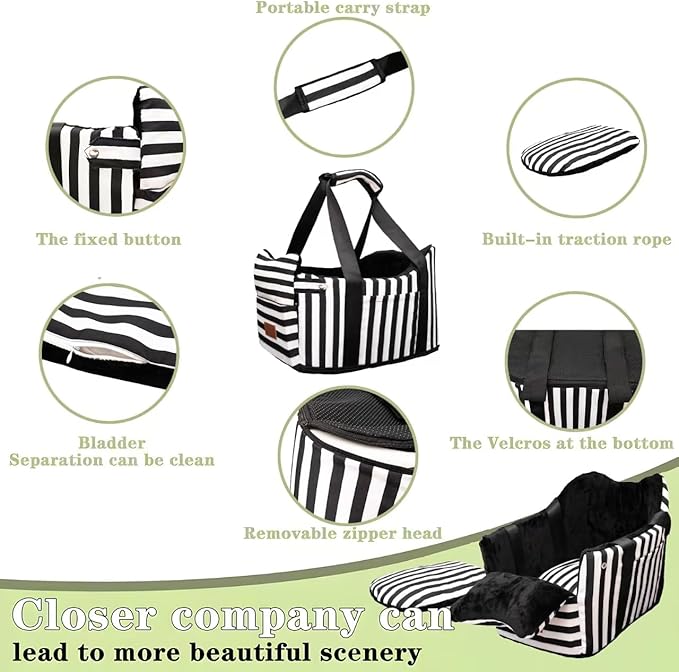 Cullaby Dog Car Seat for Small Dogs Under 15 lbs – Center Console Pet Carrier with Safety Belt, Storage Pockets, Removable Washable Cover – B&W Stripes, Secure & Comfortable for Small Puppies/Cats