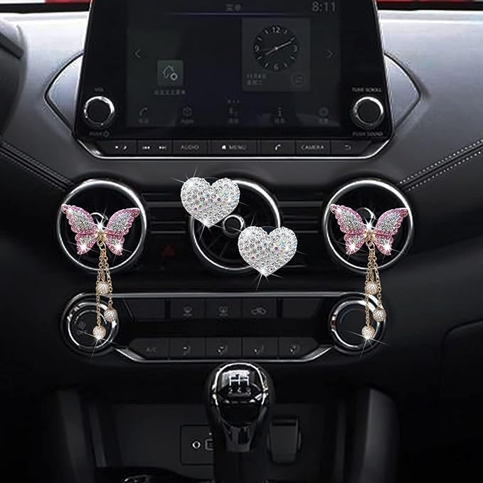 Bling Butterfly Heart Air Vent Clips, 4 Pcs Pink Car Air Fresheners, Diffuser With Diamond Decoration, Cute Interior Decor Accessories for Women
