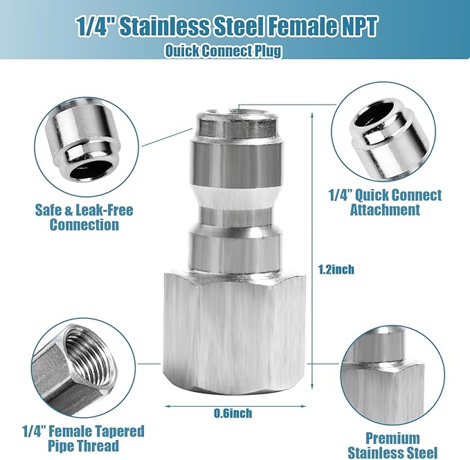 2 Sets NPT 1/4 Inch Pressure Washer Coupler Quick Connect Plug Stainless Steel Male and Female Quick Connect Fittings Pressure Washer Adapter Set (Internal Thread, External Thread)