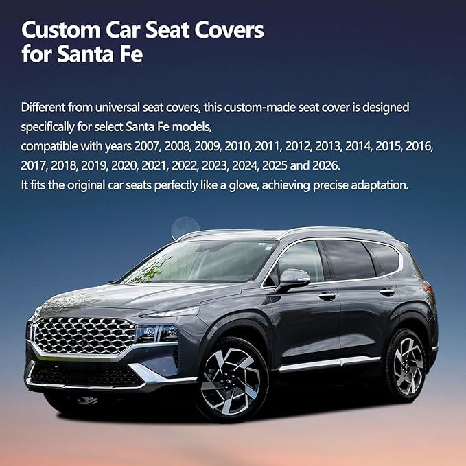 Fit Santa Fe Car Seat Covers for Hyundai Santa Fe 2007-2025 2026 - Upgraded Premium Waterproof & Breathable Leather, Airbag Compatible, All-Weather Seat Cushion Protector (Full Set, Black)