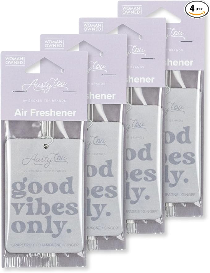 Austy Lou “Good Vibes Only” Air Freshener (4 Pack) – Grapefruit, Champagne & Ginger Scent – Hanging Paper Car Fresheners for Car, Closet & Small Spaces – Up to 6 Weeks of Fragrance