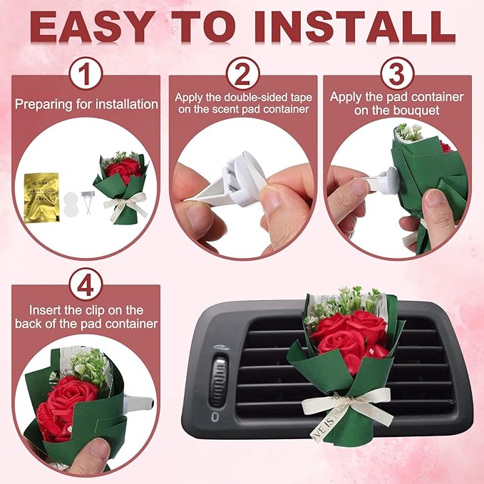 uxcell Pink Small Bouquet Car Air Freshener Vent Clips, Mini Decorative Rose Bouquet with Fragrance Diffuser for Women, Automotive Air Freshener Decoration, Style 1