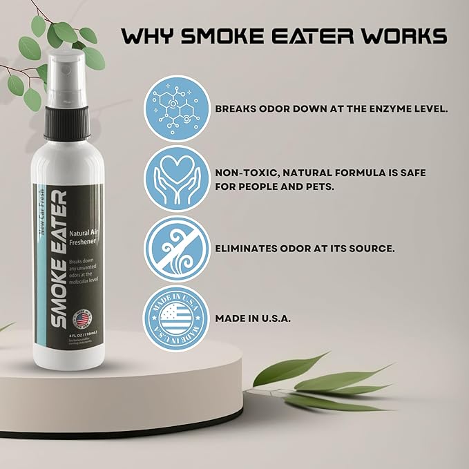 Smoke Eater Odor Eliminator Spray, New Car Fresh, 40 oz — Tea Tree Oil Breaks Down Smoke at the Molecular Level