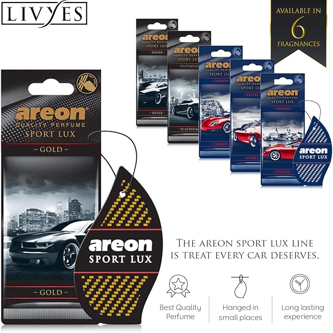 AREON Sport Lux Gold - Hanging Cardboard Air Freshener for Car, Home & Office - Premium Cologne Perfume with Natural Fragrances - Long Lasting, Fresh, Luxurious Scent - Stylish Design, Pack of 3