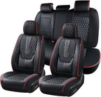 Coverado Car Seat Covers Full Set, Nappa Leather Seat Covers for Car, Waterproof Car Seat Protector with Lumbar Support, Automotive Seat Covers Universal Fit for Most Cars SUV Trucks (Black-Red line)