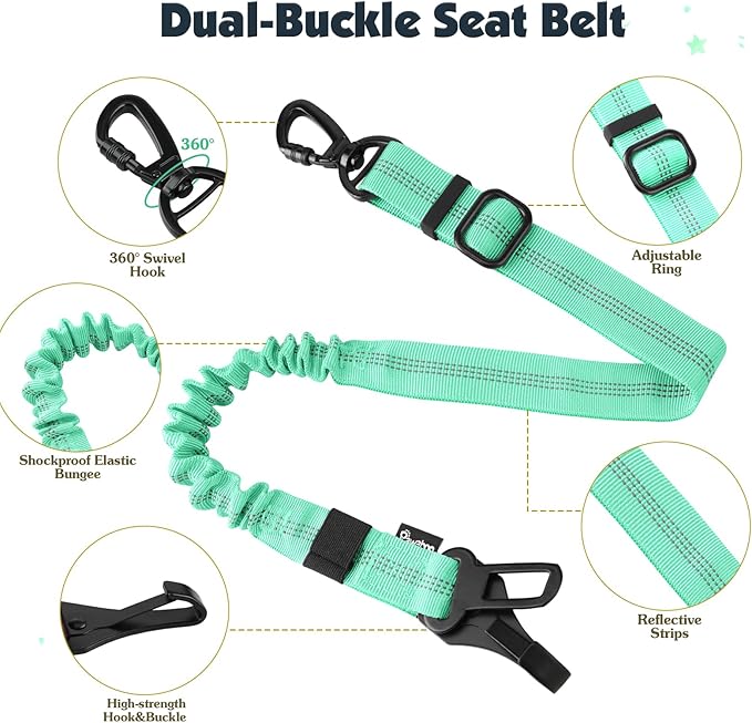 Pawaboo Dog Seat Belt Harness for Car, Dog Car Harness Seatbelt with Double Clips, Adjustable Breathable Pet Vest & Dogs Safety Tether with Elastic Bungee for Small Medium Large Pet, S, Blue + Black