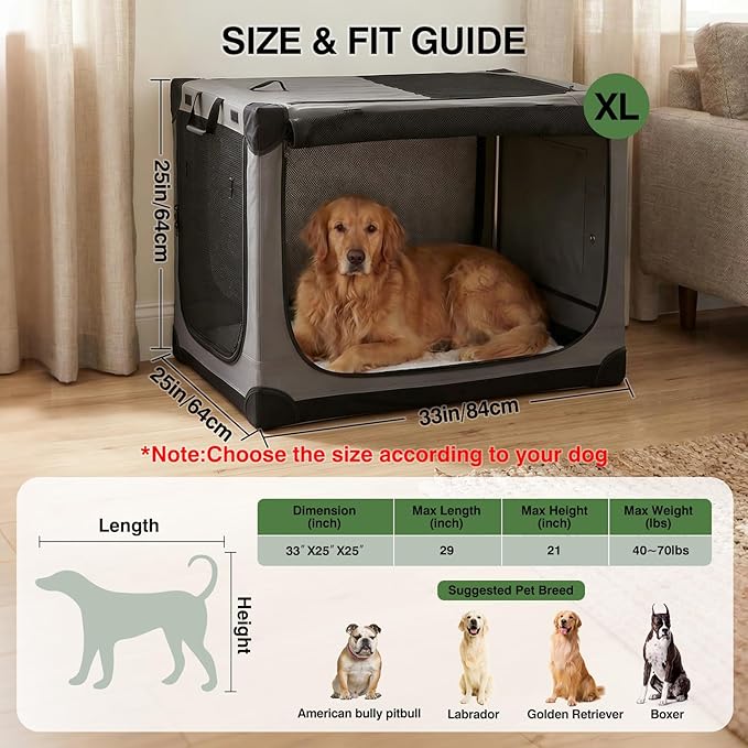 33" L x 25" W x 25" H Collapsible Travel Dog Crate, Portable Soft Dog Kennel for Medium Large Dogs up to 60 lbs, 4-Door Foldable Travel Crate with Durable Mesh & Storage Bag, Grey